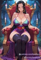 absurdres ai_generated anime bare_shoulders blue_eyes boa_hancock cel_shading clothing female female_only forest full_body huge_breasts illustration lewdrune long_black_hair moonlight one_piece slim_waist solo thighhighs trees wide_hips