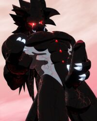 3d_(artwork) abstract_background arctiwolf balls big_muscles bioluminescence black_body black_skin bone claws cloudscape demon digital_media_(artwork) genitals glowing glowing_eyes glowing_vein hair hi_res humanoid_genitalia humanoid_penis jewelry larger_male long_hair looking_at_viewer male malice_(arctiwolf) masturbation monster mouthless muscular offering_to_viewer penis penis_grab size_difference sky solo tall_image tusks vein