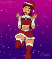 abs christmas christmas_outfit closed_eyes dc dc_comics mapashonsfw miniskirt mistletoe muscles muscular muscular_female orange_body orange_hair orange_skin panties red_hair smile starfire teen_titans underwear