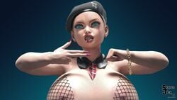 3d beret blonde_hair collar diamonds fake_breasts fishnets gold_chain grill gritted_teeth lip_piercing long_nails pepper_layland piercing run_the_jewels scowl semper_jack snarling tie