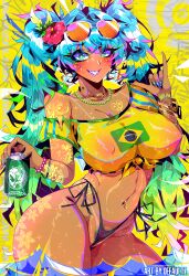 absurdres bangle bracelet brazilian_flag brazilian_flag_print brazilian_miku dark_skin defaultz earrings eyewear_on_head female flag_print flower gold_earrings green_eyes green_hair hair_flower hair_ornament hatsune_miku highres jewelry long_hair navel_piercing necklace piercing sharp_teeth solo tattoo teeth thong twintails vocaloid