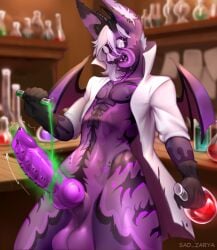 anthro balls bat big_balls big_penis caybito chemicals clothed clothing coat complex_body_markings complex_markings container covered_eyes crotch_piercing cup demon digital_media_(artwork) ear_piercing ear_ring ear_tuft erection eyewear eyewear_only facial_piercing femboy fingers flask fur genital_growth genital_piercing genitals glass glass_container glass_cup gloves goggles goggles_only growth hair handwear hi_res horn huge_cock knot knotted_penis lab_coat laboratory laboratory_equipment laboratory_glassware lip_piercing liquid long_tongue male mammal markings membrane_(anatomy) membranous_wings multiple_piercings navel navel_piercing nipple_piercing nipples nose_piercing nose_ring nude open_mouth penis penis_growth penis_piercing piercing purple_body purple_fur purple_penis ring_piercing sad_zarya science_fiction scientific_experiment scientific_instrument scientist septum_piercing sharp_teeth smile snakebite_piercing solo solo_focus standing teeth tongue topwear tuft white_hair wings