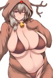 1girls 2021 animal_hood animal_hoodie belly_button bikini blush breasts brown_bikini brown_hoodie busty christmas curvy female female_only grey_hair huge_breasts long_hair massive_breasts mature_female milf mother one_eye_closed open_clothes reindeer_antlers side_ponytail simple_background slightly_chubby smile tsukasawa_takamatsu uzaki-chan_wa_asobitai! uzaki_tsuki voluptuous white_background