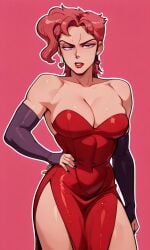 1female 1futa 23afterhours aged_up ai_assisted ai_generated bare_shoulders elbow_gloves genderswap hand_on_hip heart_earrings jessica_rabbit_(cosplay) jojo's_bizarre_adventure large_breasts large_cleavage no_panties noriaki_kakyoin painted_nails red_dress red_hair red_lipstick seductive_look