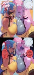 2025 2girls anger_vein annoyed arguing big_breasts blonde_hair blue_eyes blue_hair blush breast_press breasts busty canari_(pokemon) canary_(pokemon) character_name cleavage clothed clothed_female clothing cowboy_shot curvaceous curvy dialogue duo english_text eye_contact female female_only fully_clothed game_freak gyaru hair hair_ornament halterneck hi_res huge_breasts human human_only insult iono_(pokemon) kusogaki large_breasts light-skinned_female light_skin lightning_stare long_hair looking_at_viewer mask mask_down medium_hair mouth_mask multicolored_eyes multicolored_hair multiple_females multiple_girls nanjamo_(pokemon) nintendo open_mouth pale-skinned_female pale_skin pink_hair pokemon pokemon_legends:_z-a pokemon_sv pose posing sharp_teeth side_view signature sleeves_past_fingers smile smiling smiling_at_viewer speech_bubble standing streamer symmetrical_docking tan-skinned_female tan_skin teasing teeth text thiccwithaq tongue two-tone_hair