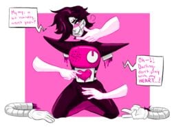 blush boner english_text erection_under_clothes femboy feminine_male girly hand_on_penis hands-free heart humanoid_robot kneeling limbless male male_focus male_only mettaton mettaton_ex pink_eyes robot robot_ears robot_humanoid robotic_arm simple_background speech_bubble text text_bubble undertail undertale undertale_(series)