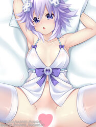 1boy 1girls armpits arms_behind_head arms_up babydoll bare_shoulders blush bottomless breasts censored d-pad d-pad_hair_ornament female gabriel_evangel goddess hair_ornament heart heart_censor highres implied_sex legs_up looking_at_viewer lying missionary navel negligee neptune_(neptunia) neptunia_(series) no_panties on_back on_bed open_mouth purple_eyes purple_hair short_hair skindentation small_breasts solo_focus spread_legs thighhighs white_legwear