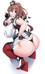 ass blue_eyes blush breasts brown_hair clothes_lift eyebrows_visible_through_hair eyelashes female fingerless_gloves full_body gloves highres huge_ass huge_breasts kantai_collection long_hair looking_back master_cake open_mouth sagging_breasts saratoga_(kantai_collection) scarf shiny shiny_skin simple_background skirt skirt_lift smokestack_hair_ornament solo squatting sweatdrop thick_thighs thighhighs thighs thong white_background