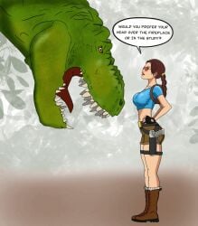 2d animated areolae big_breasts breasts breasts_out busty dinosaur female female_focus flashing flashing_breasts hourglass_figure lara_croft lara_croft_(classic) nipples speech_bubble tagme tomb_raider tomb_raider_(classic) tyrannosaurus_rex vistavista55 wide_hips