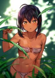 aconbwakame bangs belly belly_button black_hair blush blush blushing_at_viewer breasts brown_skin clothed clothed_female collarbone collarbones dark-skinned_female dark_hair dark_skin female female_only forest gold_eyes golden_eyes jungle loincloth looking_at_viewer midriff navel open_mouth open_mouth outdoors outside petite petite_body short_hair slim slim_girl slim_waist small_breasts solo solo_female tribal tribal_clothing yellow_eyes