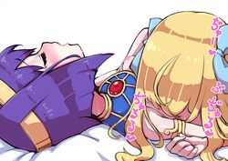 2girls ahoge aruku001 blonde_hair blush breasts breasts_out closed_eyes duo egyptian_clothes hair_ornament hair_ribbon highres jashin-chan jashin-chan_dropkick light-skinned_femboy long_hair medusa_(jashin-chan_dropkick) multiple_girls nipples open_mouth purple_hair ribbon saliva shiny shiny_hair short_hair simple_background small_breasts tears white_background yuri