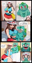 2025 ai_generated anthro bag balls bed big_balls big_breasts big_penis blush bodily_fluids bottomwear breasts brown_hair bulbasaur clothed clothing comic cum cum_inside dialogue duo english_text erection fellatio female feral foreskin furniture generation_1_pokemon genital_fluids genitals group gynomorph hair handjob hat headgear headwear hellsonger huge_balls huge_cock human humanoid_penis interspecies kiss_mark leaf_(pokemon) male male/female mammal nintendo nipples open_mouth oral penetration penile penis pokeball pokemon pokemon_(species) pokephilia red_eyes scalie sex size_difference skirt small_but_hung smaller_male smile text tongue tongue_out vein veiny_penis