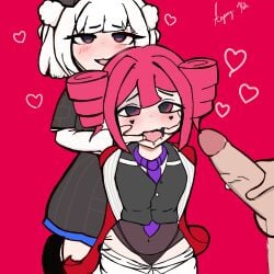2girls ahe_gao blushing_face clothes cute dress explicit finger_to_mouth fingers girl heart idol kasane_teto layerth masturbation open open_mouth penis penis_in_face penis_in_mouth red_eyes red_hair rolling_eyes sex smoking straight teto_the_31st thong ui_(voisona) utau virtual_youtuber vocaloid vtuber white_hair