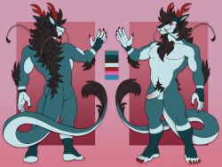 anthro arm_tuft asian_mythology balls barbel_(anatomy) beard biped black_beard black_chest_hair black_facial_hair black_fur black_hair black_nose black_pubes blue_balls blue_body blue_eyes body_hair border chest_hair chest_tuft clothed clothing digital_media_(artwork) dragon east_asian_mythology eastern_dragon elbow_tuft erection eyebrows facial_hair fangs flesh_whiskers foreskin fur genitals glans hair horn humanoid_genitalia humanoid_penis looking_at_viewer male mane model_sheet muscular muscular_anthro muscular_male mythological_creature mythological_scalie mythology nariz_(nickad69) navel nickad69 partially_retracted_foreskin penis pink_background pink_border pink_glans pink_penis pubes raised_hand red_claws red_horn ref_sheet retracted_foreskin scalie simple_background smile smiling_at_viewer solo tail teeth tuft uncensored uncensored_penis uncircumcised whiskers white_body white_sclera
