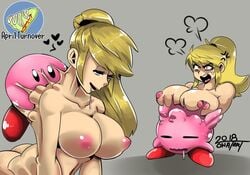 absorption angry april_turnover blonde_hair body_swap corruption drooling forced heart kirby kirby_(series) large_breasts light-skinned_female metroid naked nintendo nipples onat onatart ponytail possession samus_aran tsf vore