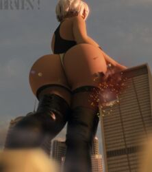 1girls 3d ass big_ass blindfold bradengts city clothed clothing destruction female female_only giantess huge_ass light-skinned_female light_skin macro nier:_automata solo solo_female standing thighhighs white_hair yorha_2b