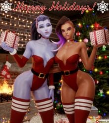 2girls 3d big_breasts breasts choker christmas christmas_tree dark-skinned_female female female_only nemesis_3d overwatch sombra tattoo thick_thighs thighhigh_socks thighhighs thighs widowmaker