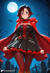 ai_generated bangs bare_tree bat_(animal) belt black_dress black_hair blush breasts cape closed_mouth corset cross dress female frills full_moon gradient_hair graveyard grey_eyes high_resolution highres hood long_sleeves looking_at_viewer medium_breasts moon multicolored_hair night night_sky outdoors pantyhose patreon_username red_cape red_hair ruby_rose rwby short_hair sky smile solo stable_diffusion standing tombstone tree two-tone_hair waifuscans418 watermark
