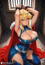 ahoge ai_generated armpits arms_up artoria_pendragon artoria_pendragon_(fate) artoria_pendragon_(lancer) artoria_pendragon_(lancer)_(fate) blonde_hair blue_thighhighs bondage bound bound_wrists braid braided_bun breasts bruise bruise_on_face cape chains cleavage cleavage_cutout clothing_cutout crown cuffs dirty fate/grand_order fate_(series) female french_braid fur-trimmed_cape fur_trim green_eyes hair_between_eyes high_resolution highres injury kneeling large_breasts leotard looking_at_viewer red_cape restrained sidelocks sleeveless sleeveless_turtleneck sleeveless_turtleneck_leotard solo stable_diffusion sweat thighhighs turtleneck turtleneck_leotard waifuscans418 watermark