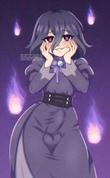 1boy balls balls_visible_through_clothing bulge bulge_through_clothing bulge_under_clothes clothing crossdressing dress erect_penis erection erection_under_clothes femboy femboy_only feminine flame game_freak girly hair hands_on_cheeks heart-shaped_pupils hex_maniac hex_maniac_(pokemon_legends:_z-a) hexboy_maniac male male_only midnight_rian penis pokemon pokemon_legends:_z-a purple_dress purple_eyes purple_hair rule_63 short_hair smile solo solo_femboy trap
