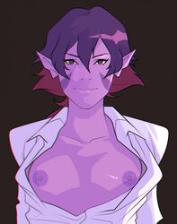 alien areolae breasts colored_sclera dreamworks female female_focus female_only krederik krolia milf nipples open_clothes open_shirt pointed_ears pointy_ears purple_eyes purple_hair purple_skin solo tagme voltron voltron:_legendary_defender yellow_sclera