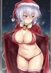 :o bangs bell bikini blush breasts breath christmas cleavage coat covered_nipples embarrassed female fur-trimmed_legwear fur_trim gloves hair_between_eyes hat large_breasts long_hair long_sleeves low_twintails neck_bell open_clothes open_coat purple_eyes r-binon red_bikini red_coat red_gloves red_legwear santa_costume santa_hat senki_zesshou_symphogear silver_hair snowing solo swimsuit thighhighs twintails very_long_hair yukine_chris