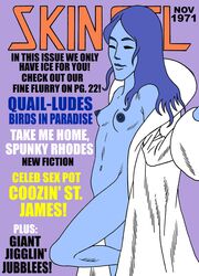 1girls 2021 70's_theme blue_hair blue_skin character_request closed_eyes copyright_name english_text fake_cover fake_magazine fake_magazine_cover female female_only functionally_nude functionally_nude_female long_hair magazine november open_clothes open_robe simple_background skincel small_breasts solo toonytease white_robe