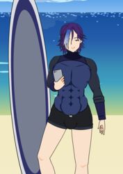 apoliac-99 beach blue_hair kisekae male_focus muscular_male phone surfboard