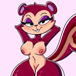 animal_crossing anthro bedroom_eyes breasts buckteeth eyeshadow female fur hands_behind_head makeup mammal narrowed_eyes nintendo pecan_(animal_crossing) red_body red_fur rodent sciurid seductive solo squirrel_tail teeth thick_thighs tree_squirrel video_games violetghost wide_hips