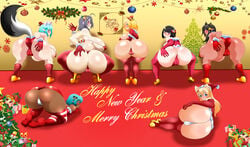 ass breasts codeyumi dark_skin elesa_(codeyumi) elf elf_female fox_ears fox_tail gyaru huge_breasts large_ass large_breasts mature mature_female merry_christmas milf new_year original_character santa_costume