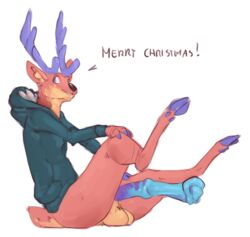 animal_genitalia animal_penis anthro antlers ass balls big_flare black_nose blue_clothing blue_eyes blue_hoodie blue_penis blue_sweater blue_topwear bottomless capreoline cervid christmas clothed clothing cloven_hooves dialogue english_text equine_penis erection flared_penis fur genitals hand_on_knee hand_on_leg holidays hood hoodie hooves horn inner_ear_fluff male mammal medial_ring merry_christmas multicolored_body multicolored_fur multicolored_penis on_ground penis presenting presenting_balls presenting_hindquarters presenting_penis purple_antlers purple_hooves purple_penis raised_leg red_(redponei) red_body red_fur redishdragie reindeer simple_background sitting smile solo sweater tan_balls tan_body tan_fur text topwear tuft two_tone_body two_tone_fur two_tone_penis white_background