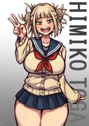 big_breasts blonde_hair blush coffeelove68 curvaceous curvy dressed himiko_toga miniskirt my_hero_academia peace_sign skirt smiling solo tagme thick_hips thick_legs thick_thighs v_sign very_short_skirt wide_hips