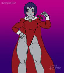 1girls big_breasts blush blushing christmas christmas_outfit clothed clothed_female dc dc_comics forehead_jewel grey_body grey_skin legs mapashonsfw merry_christmas mistletoe purple_eyes purple_hair rachel_roth raven_(dc) smooth_skin teen_titans thick_thighs thighs tsundere