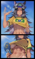 1girls 2d abs ai_generated animal_ears big_breasts black_hair blue_sky blush brazil brazilian_flag breasts closed_eyes closed_mouth clothes_lift comic dark-skinned_female dark_skin ears_through_headwear fanning_self female female_only fenomeno_(umamusume) hand_fan hat holding holding_fan horse_ears horse_girl hot large_breasts lifted_by_self long_hair multicolored_hair muscular muscular_female navel paper_fan shirt shirt_lift short_sleeves sky sloppingslurpie smile solo solo_female sweat sweatdrop tan tan_body tan_skin tanlines toned uchiwa umamusume umamusume_pretty_derby underboob upper_body very_sweaty yellow_shirt