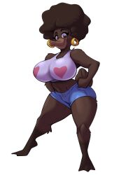 afro anthro big_breasts breasts brown_eyes brown_hair duck earrings female hoop_earrings jane_brownfeather joelasko looking_at_viewer short_shorts smile solo tank_top