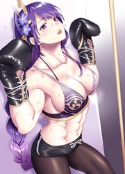 1girls abs absurdres arms_up bare_shoulders belly_button black_boxing_gloves black_gloves black_legwear blush boxing boxing_gloves boxing_ring braid braided_hair breasts cleavage collarbone detailed_background female genshin_impact gloves glow_(g10w) highres hips huge_breasts large_breasts leggings long_hair looking_up lying lying_on_back lying_on_floor midriff mole mole_under_eye mouth_open mouthguard muscles muscular muscular_female open_mouth purple_eyes purple_hair raiden_shogun shorts shoulders sideboob six_pack solo sports_bra sportswear sweat sweatdrop sweaty sweaty_body sweaty_breasts thick thick_thighs thighs tights waist