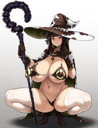 bangs black_hair blush breasts brown_footwear brown_gloves cleavage closed_mouth cow_witch_(houtengeki) female gloves gradient gradient_background grey_background hand_on_own_chest hat highres horns houtengeki large_breasts large_hat long_hair looking_at_viewer navel original red_eyes sideboob simple_background smile squatting staff thighhighs thighs underboob white_legwear white_skin witch_hat