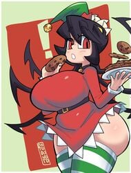 ! 1girls ass big_ass big_breasts big_butt black_hair breasts christmas christmas_outfit chubby cookies dotodonoto fat_ass female filia_(skullgirls) holding_plate red_eyes samson_(skullgirls) skullgirls thighhighs