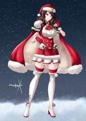 1girls alternate_costume bare_thighs boots breasts brown_hair cape christmas christmas_outfit cosplay dorothea_arnault eirika_(fire_emblem)_(cosplay) fire_emblem fire_emblem:_three_houses gloves green_eyes large_breasts long_hair looking_at_viewer nintendo santa_hat smile solo sonicheroxd thigh_boots thighhighs thighs