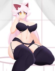 alaki_zezo belly_button big_ass big_breasts bra breasts huge_ass huge_hips huge_thighs lingerie nipple_bulge oc red_eyes red_hair stockings thick_thighs thin_waist voluptuous wide_hips