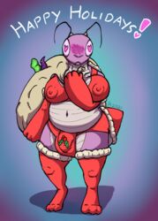 <3_eyes animal_humanoid antennae_(anatomy) anthro arthropod arthropod_humanoid bag balls_outline belly big_breasts blush blush_lines breasts bulge chubby_anthro chubby_gynomorph clothing costume crop_top cute_expression detailed_bulge digitigrade dildo dressing festive genital_outline gift gloves gynomorph handwear heart hi_res holly_(plant) humanoid impishhyena insect_humanoid insects intersex legwear mantis mantis_humanoid nipple_outline pantie_bulge panties penis_outline pink_body pink_eyes plant sack santa_costume sex_toy shirt slightly_chubby solo stockings thicc_bug_(impishhyena) thick_tail thick_thighs tongue tongue_out topwear underwear wide_hips