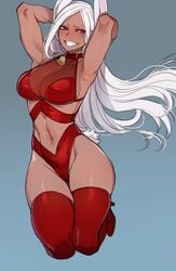 1girls abs armpits arms_behind_head breasts christmas cleavage kneeling miruko mr.skull my_hero_academia ratatatat74 red_eyes red_lingerie rumi_usagiyama thighhighs