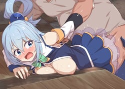 1boy 2021 aqua_(konosuba) arm_grab arms_behind_back bent_over bent_over_table blue_eyes blue_hair blue_shirt blue_skirt blush bottomless breast_press breasts breasts_out clothed_female clothed_sex detached_sleeves doggy_style dubious_consent female femsub hair_rings kono_subarashii_sekai_ni_shukufuku_wo! long_hair male maledom miniskirt moaning morisobo nipples no_bra no_panties open_clothes open_mouth open_shirt questionable_consent rape restrained sex shirt short_sleeves skirt studio_deen table tears white_shirt white_sleeves