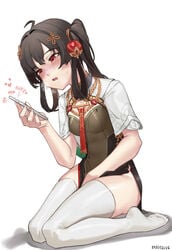 1girls artist_request black_hair blush clothed female female_focus female_only fully_clothed hair_ornament long_hair masturbation open_mouth phone pulao_(punishing:_gray_raven) punishing:_gray_raven red_eyes robot_girl small_breasts solo tied_hair white_legwear