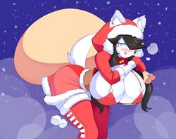 1girls 2021 big_breasts black_hair blue_eyes blush breasts canine canine_humanoid christmas cleavage clothing dog_ears dog_tail furry hair_over_one_eye huge_breasts long_hair maggie_applebee one_eye_covered snowing tail theycallhimcake thighhighs white_body white_fur