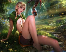 1girls blonde_hair blue_eyes breasts casual crossbow demonlorddante elf female female_only forest freckles humanoid hylian hyrule_warriors linkle neckwear nipples pale_skin panties pussy realistic the_legend_of_zelda twin_braids weapon