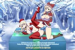 b-cube b_cube big_breasts blonde_hair blue_eyes brown_eyes christmas crossover dialogue dildo edens_zero english_text fairy_tail happy_(edens_zero) happy_strappy jegc lotus_position lucy_heartfilia missionary_position oppai penetration pussy pussy_juice rebecca_bluegarden santa_costume santa_hat sex_toy snow strap-on yuri