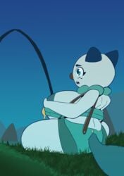 anthro areola big_breasts breasts clothed clothing female huge_breasts hyper hyper_breasts nintendo oshawott overweight penlink pokemon pokemon_(species) sitting solo video_games