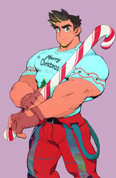 1boy biceps black_hair bodybuilder candy_cane christmas christmas_outfit clothed male male_only muscles muscular muscular_arms muscular_back muscular_male solo tight_shirt uleezoo