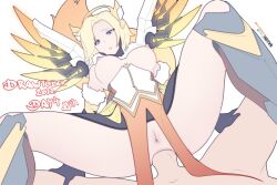 1boy 1girls anal anus blonde_hair boobs clothed_sex clothing female fox_ears fox_tail hotvr mercy overwatch overwatch_2 penis pussy sex solo_focus thigh_grab thighs wings